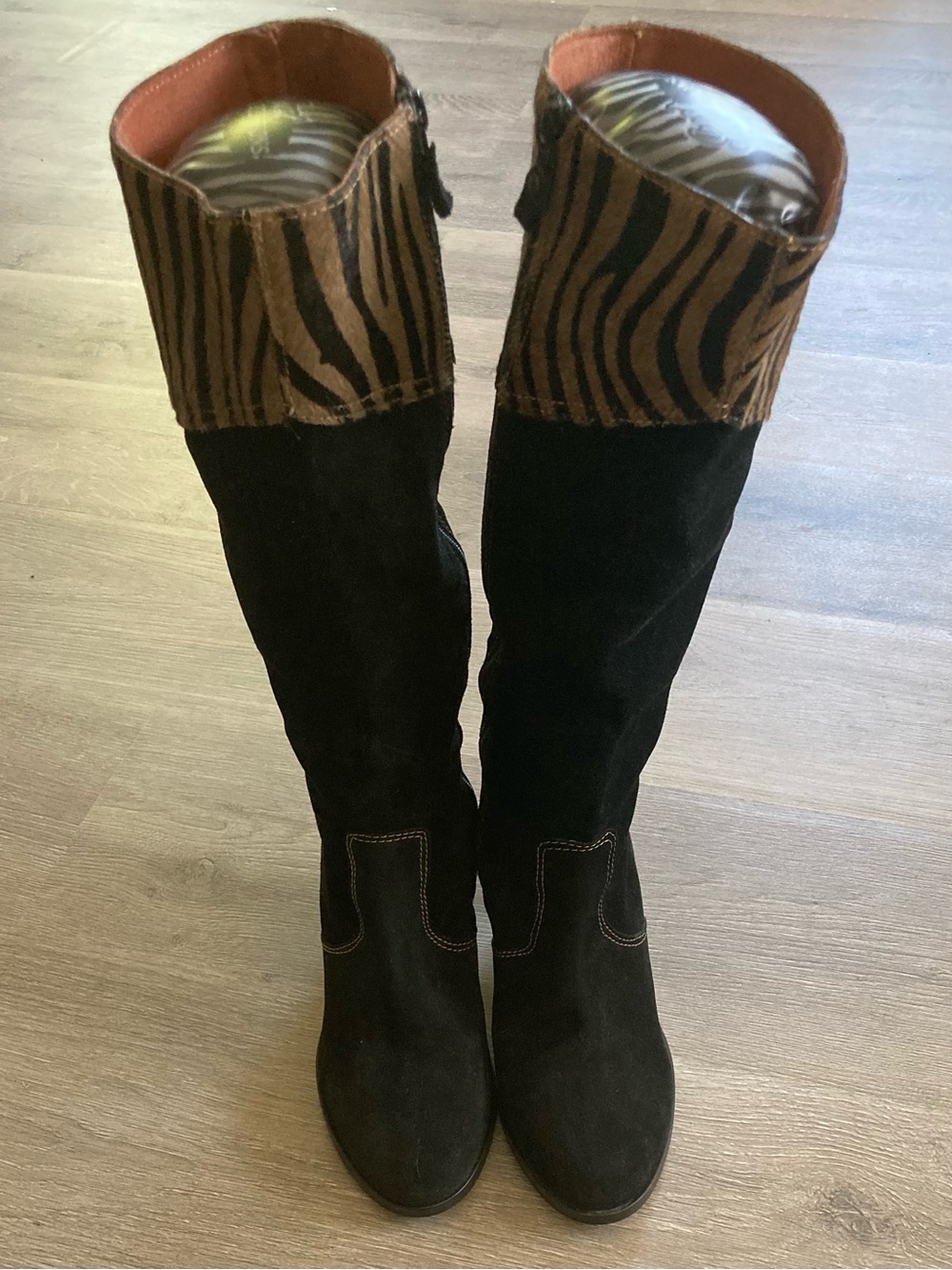 Black Suede Knee Boots with Brown Zebra Cuff